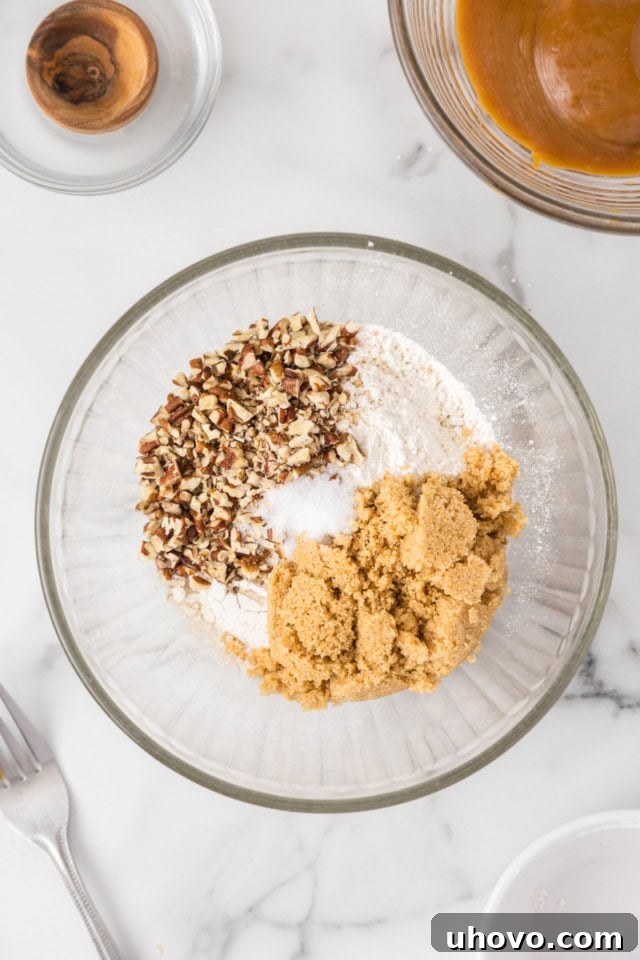 overhead view of flour, brown sugar, chopped nuts, and salt in a glass bowl