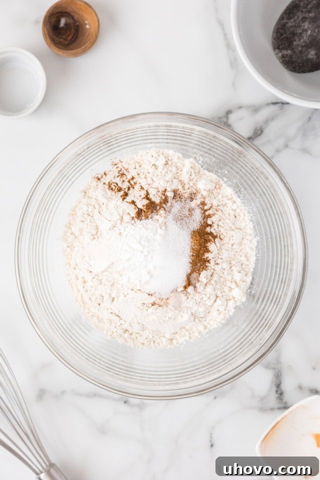 overhead view of flour, cinnamon, baking powder, and salt in a mixing bowl
