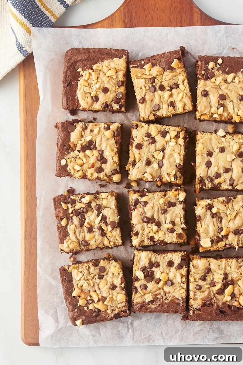 Overhead view of cut peanut butter swirl brownies