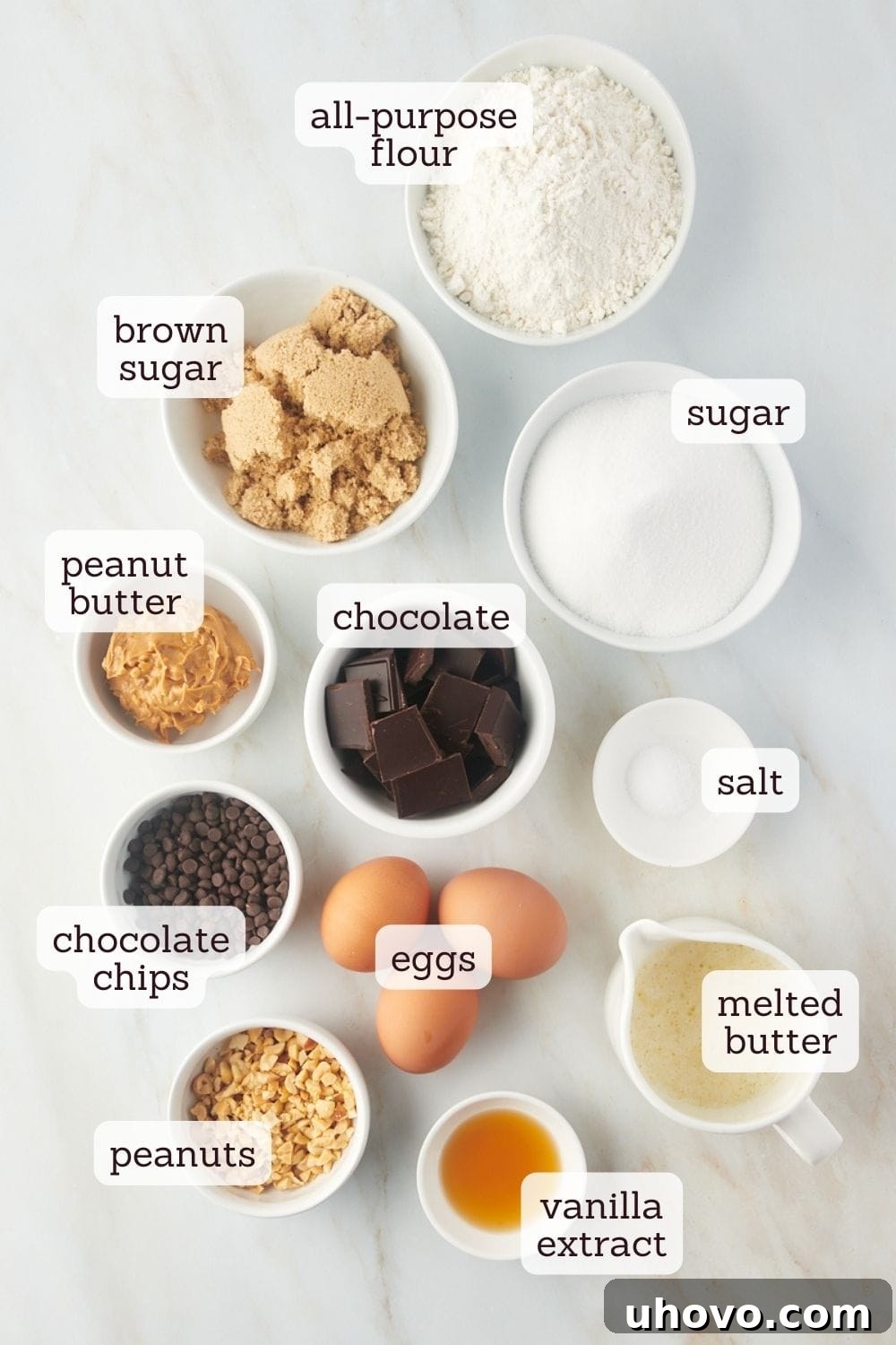 Overhead view of ingredients for peanut butter swirl brownies