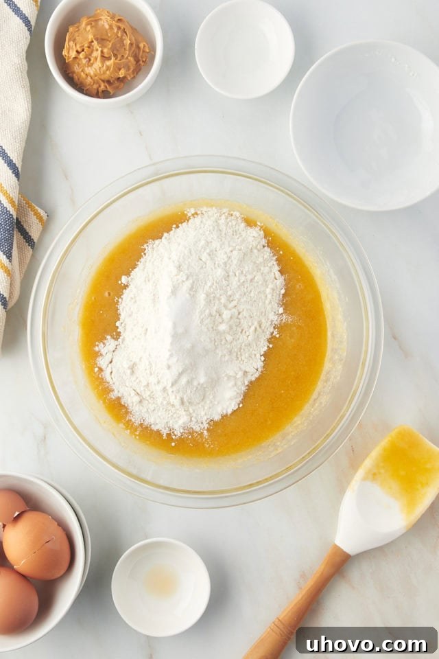 Dry ingredients added to wet ingredients in mixing bowl