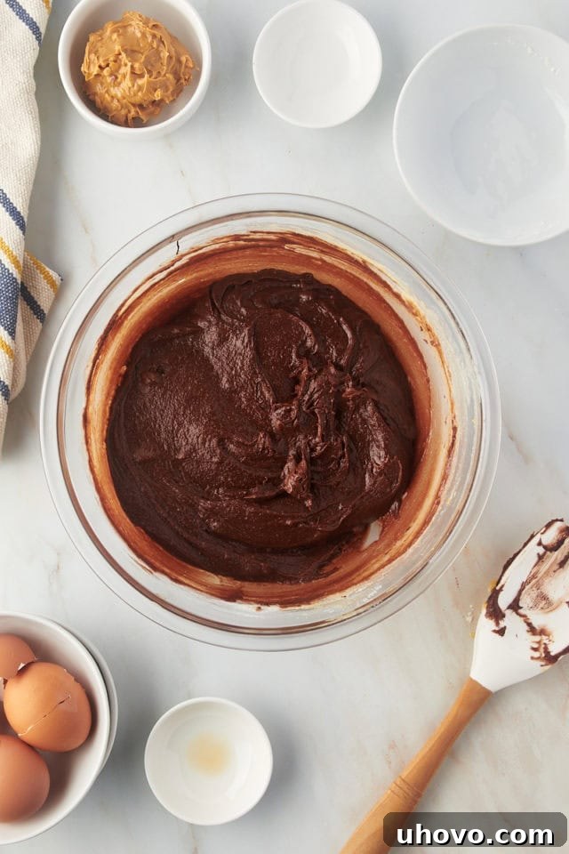 Overhead view of brownie batter in bowl