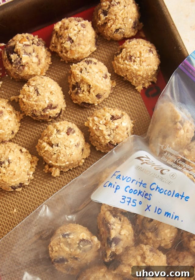 frozen cookie dough on a quarter sheet pan and in a freezer bag