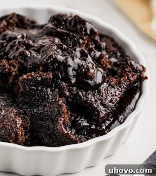 Gooey chocolate cobbler served in an individual ramekin, ready to be enjoyed.