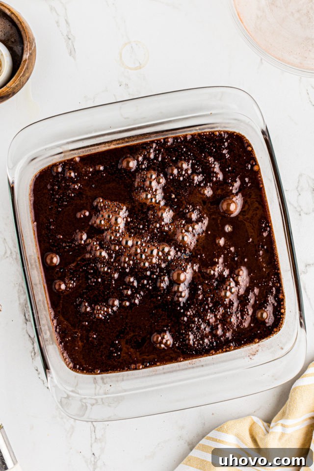 Overhead view of the chocolate cobbler in the baking dish with hot water poured over the sugar-cocoa layer, just before baking.