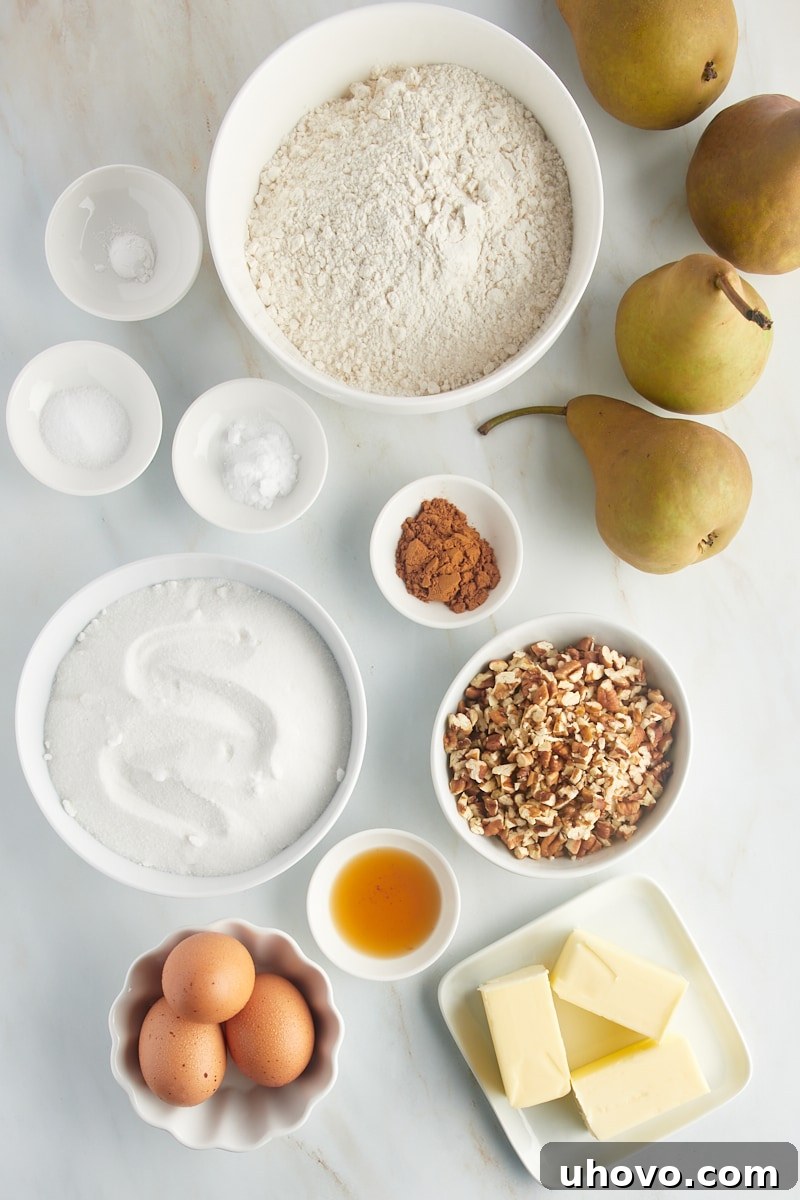 Overhead view of pear bread ingredients
