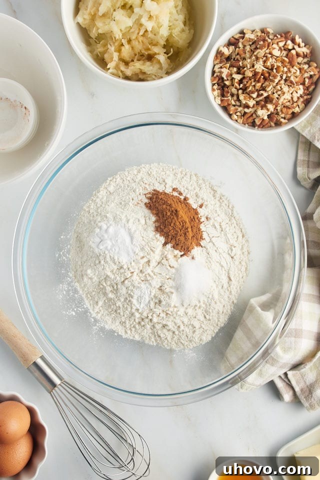 Overhead view of dry ingredients in bowl before whisking