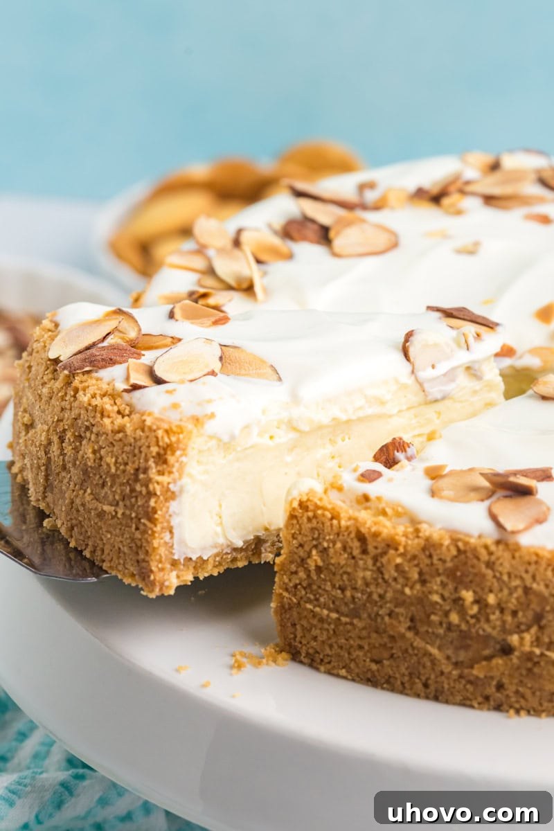 A second slice of Amaretto Cheesecake is being lifted from the larger cheesecake, highlighting its creamy layers and the perfect crust, ready to be served.