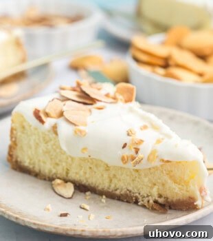 A slice of Amaretto Cheesecake on a plate with more cheesecake in the background, showcasing its delicious texture.