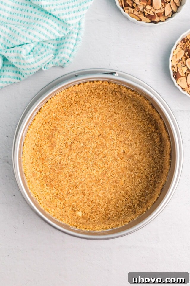 Overhead view of a golden brown vanilla wafer crust evenly pressed into the bottom and slightly up the sides of a 9-inch springform pan, ready for the filling.