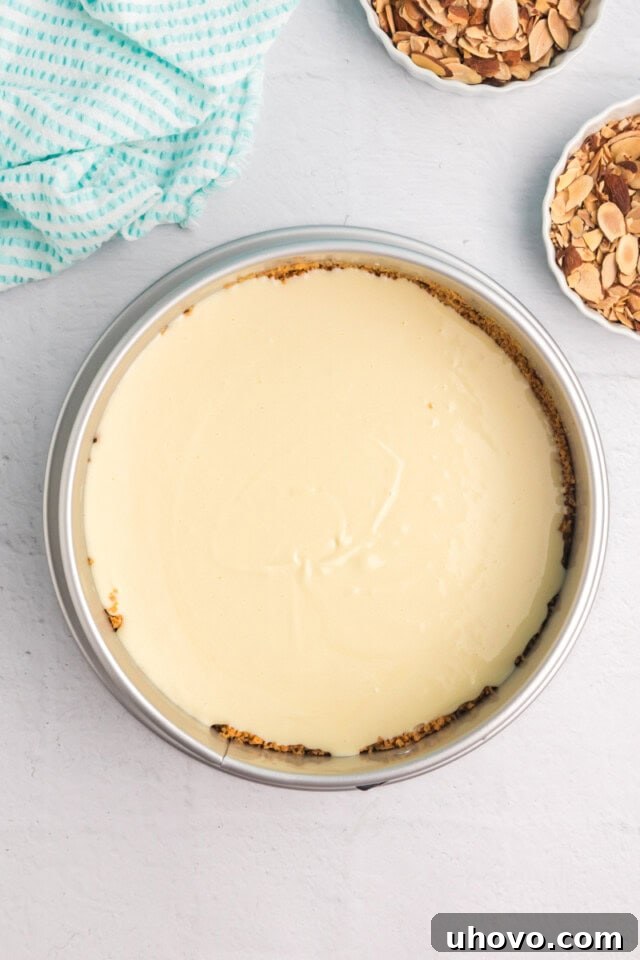 Overhead view of the raw amaretto cheesecake batter poured into the pre-baked vanilla wafer crust in a springform pan, ready to be transferred to the oven.