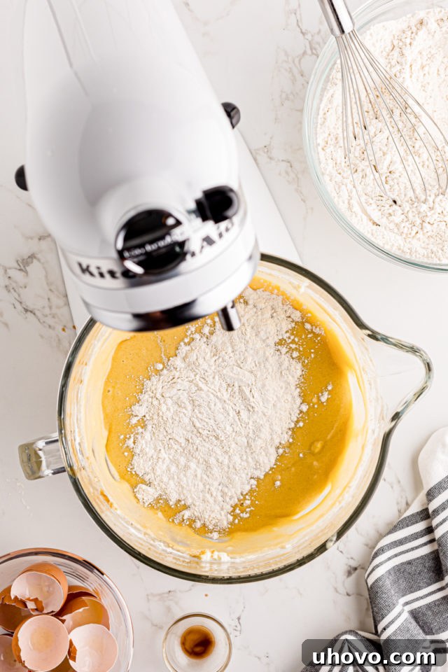 Dry ingredients (flour and salt) being gradually incorporated into the wet batter for the cream cheese pound cake in a stand mixer.