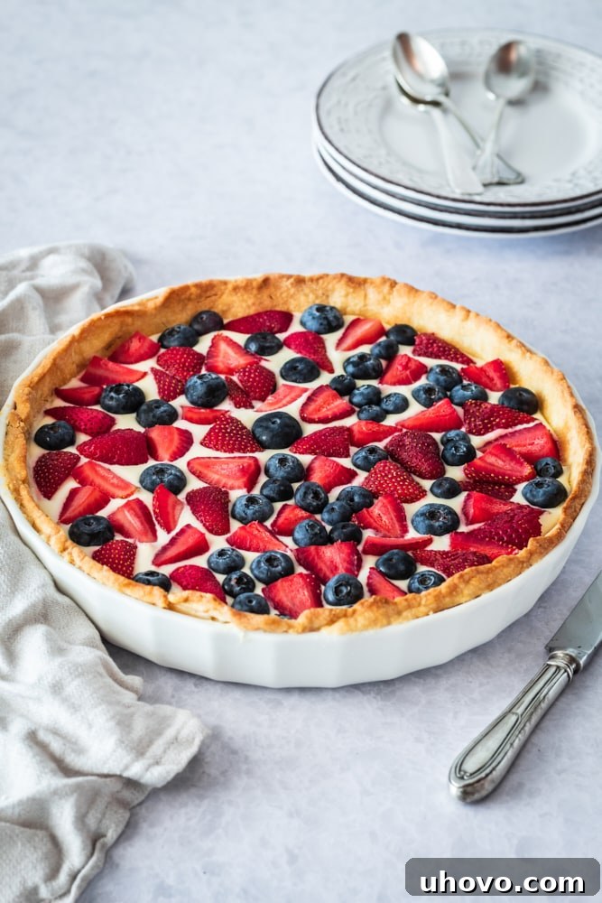 Fresh Berry Tart in a white pie plate, ready to serve