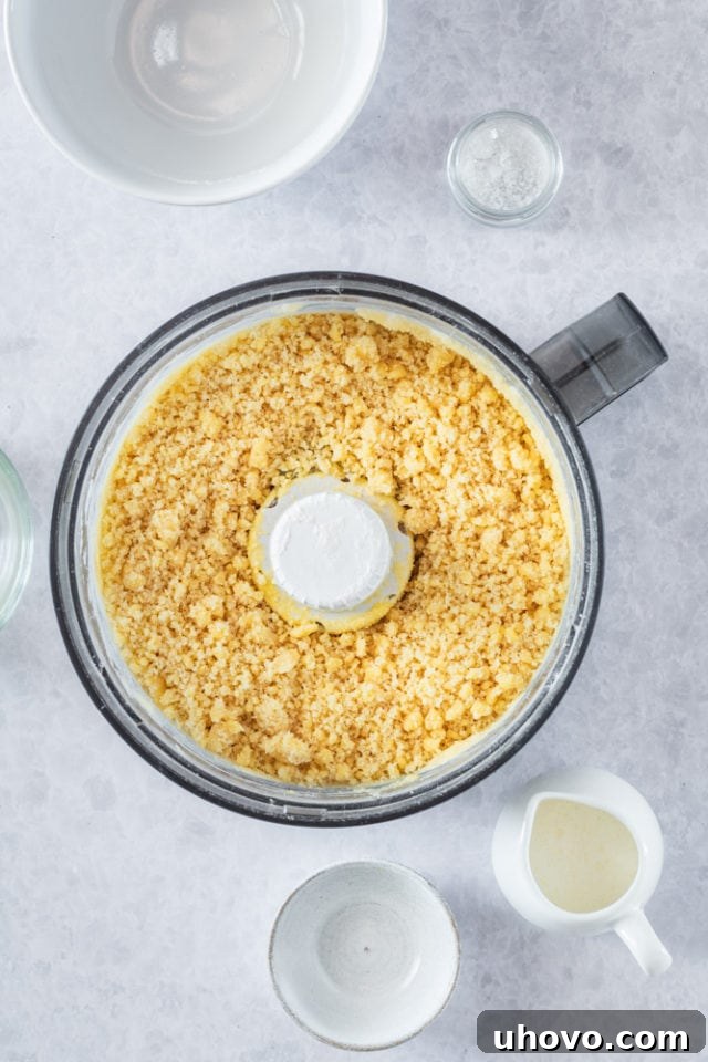 Overhead view of pastry crust mixture in food processor