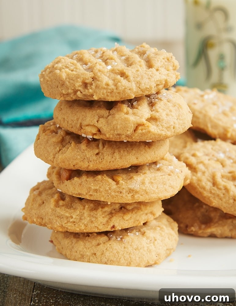 A stack of perfectly baked Cream Cheese Peanut Butter Cookies on a white plate, showcasing their soft, chewy texture.