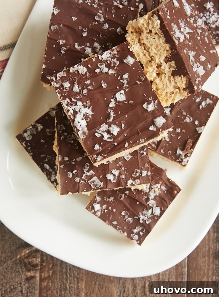 Close-up of a batch of freshly made Salted Chocolate Brown Butter Crispy Treats, showcasing the rich chocolate layer and flaky sea salt.