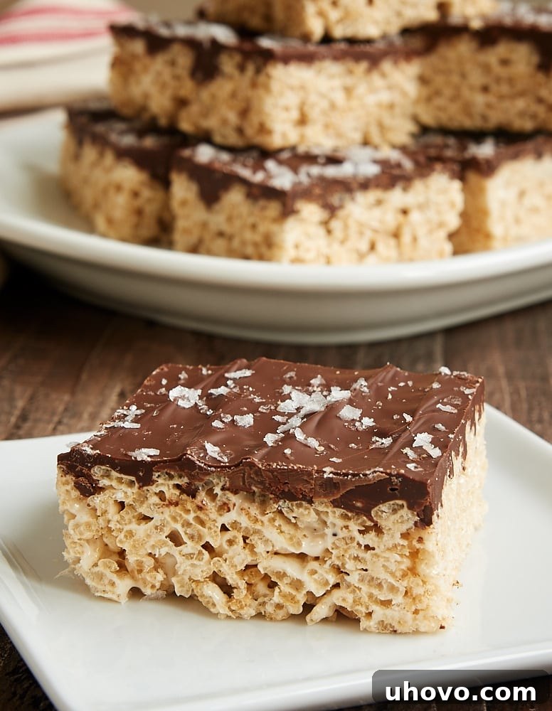 An overhead shot of Salted Chocolate Brown Butter Crispy Treats in a baking pan, ready to be cut into individual bars.