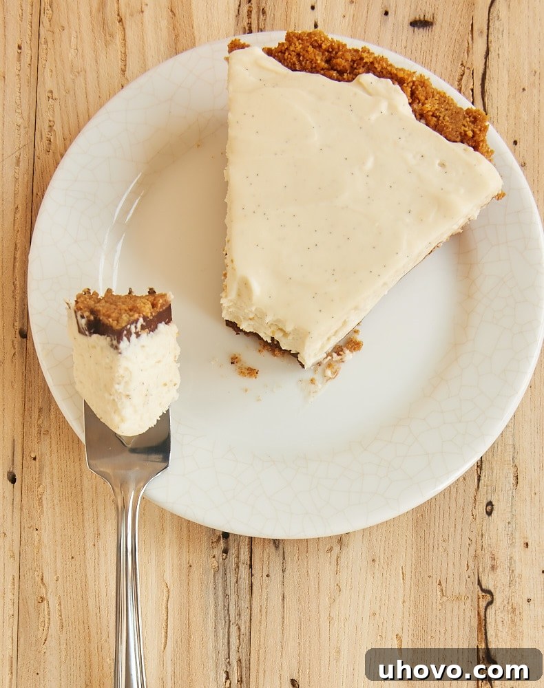 Overhead view of a perfectly sliced No-Bake Black Bottom Vanilla Bean Cheesecake on a white plate, highlighting the distinct layers of crust, chocolate ganache, and vanilla bean filling