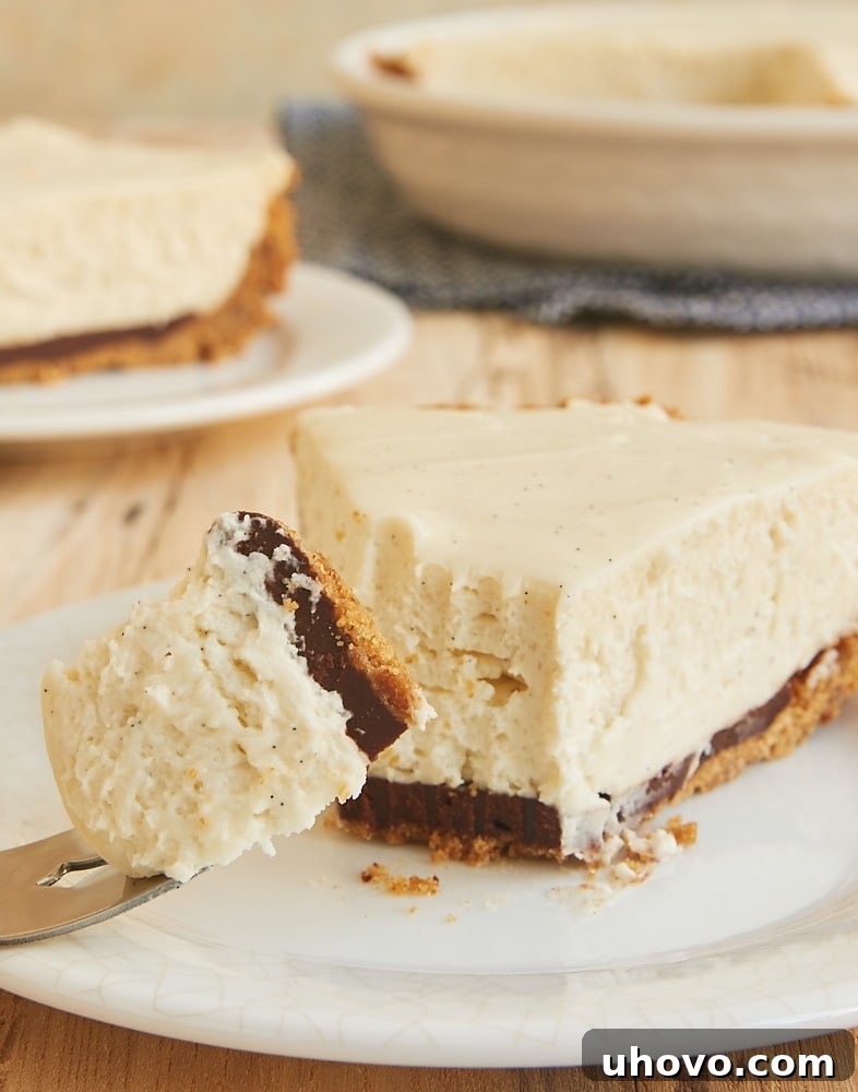 A delectable slice of No-Bake Black Bottom Vanilla Bean Cheesecake on a white plate, with a fork holding a bite, showcasing the smooth texture of the vanilla filling and the distinct chocolate layer