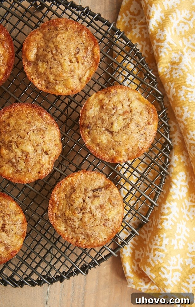 Overhead view of golden-brown Pineapple Coconut Banana Nut Muffins on a round wire cooling rack, highlighting their moist texture and tropical ingredients.