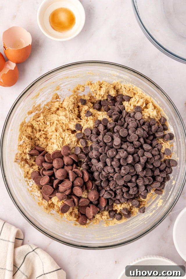 Overhead view of chocolate chips being stirred into brown sugar oatmeal cookie dough in a glass mixing bowl.