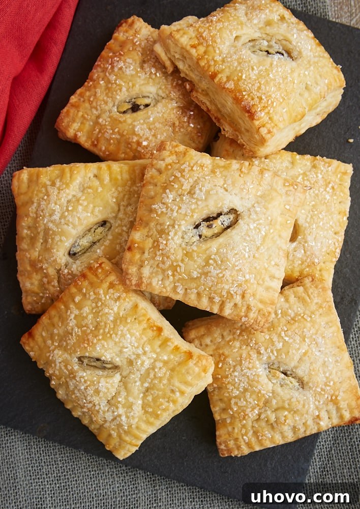 A close-up of a beautifully baked Chocolate Chip Cream Cheese Hand Pie, showcasing its golden crust and delightful filling. Perfect for a portable dessert.