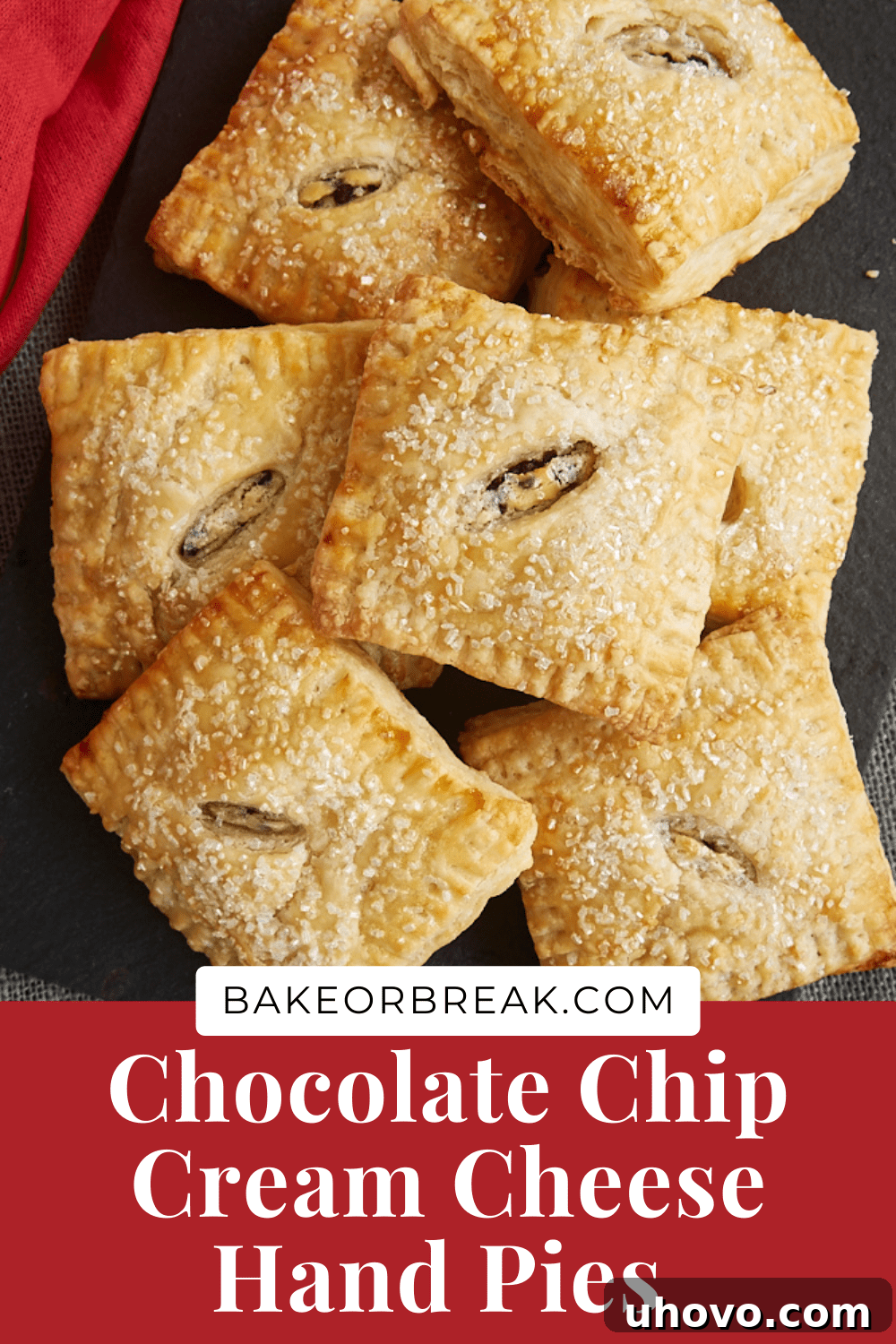 Bottom banner for Chocolate Chip Cream Cheese Hand Pies with branding.
