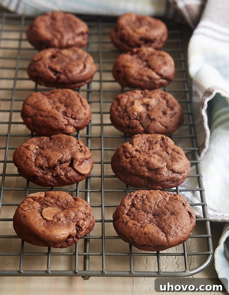 Freshly baked Irish Cream Brownie Cookies cooling on a wire rack, ready to be enjoyed.