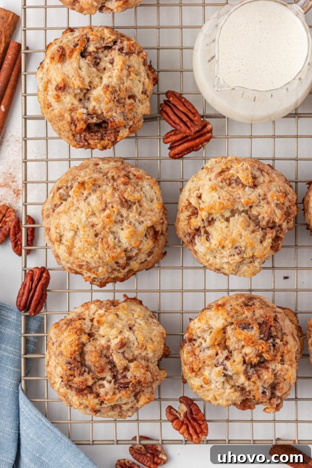 Overhead view of warm, baked cinnamon bun scones cooling on a wire rack, ready for the glaze.