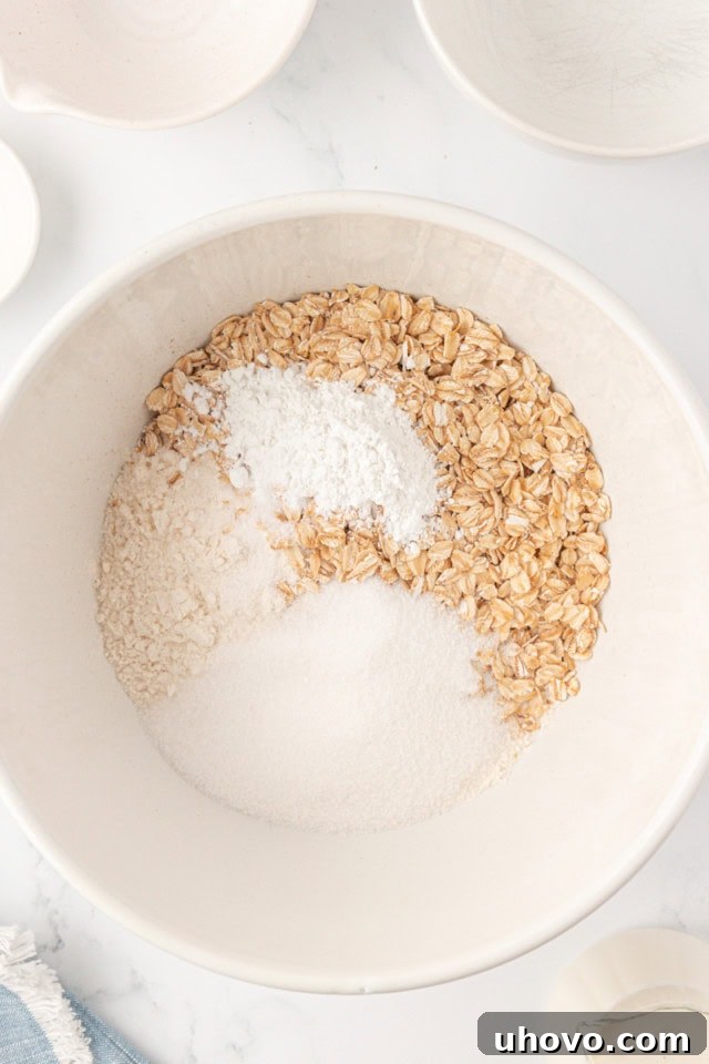 Overhead view of a white mixing bowl filled with dry ingredients like flour, oats, granulated sugar, baking powder, and salt, ready for mixing.