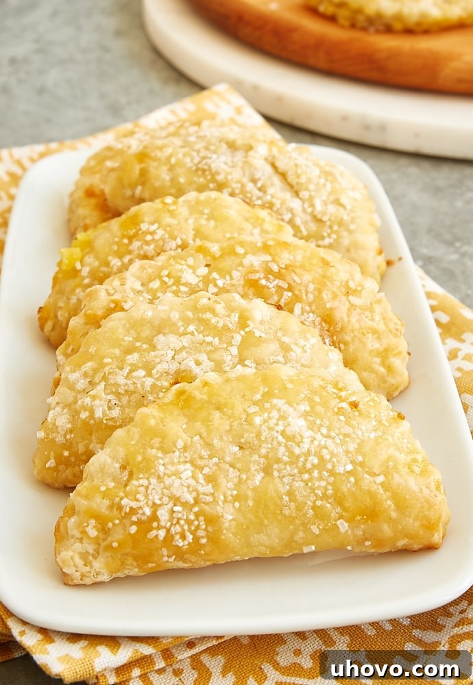 Several Ginger Lemon Hand Pies arranged artfully on a white serving plate, showing their golden crusts