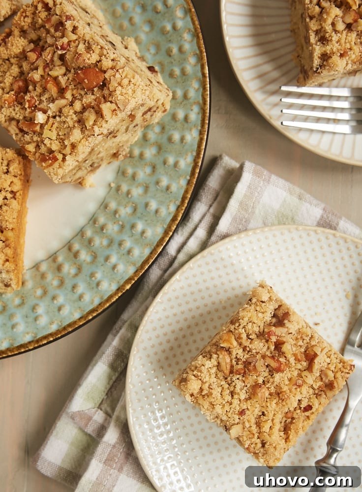 Easy Brown Sugar Coffee Cake recipe featuring a rich pecan crumb topping, freshly baked for a delightful treat