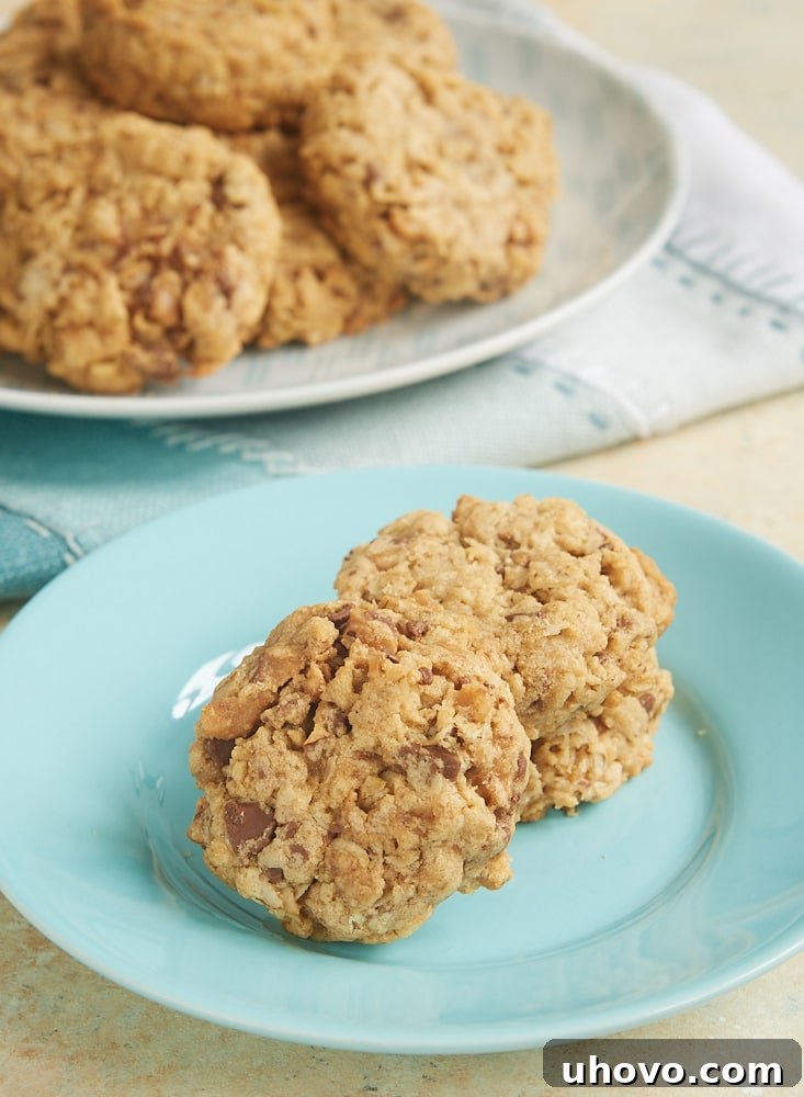 A tempting stack of golden-brown Peanut Butter Toffee Oatmeal Cookies on a blue plate, highlighting their chewy texture and crunchy toffee bits.