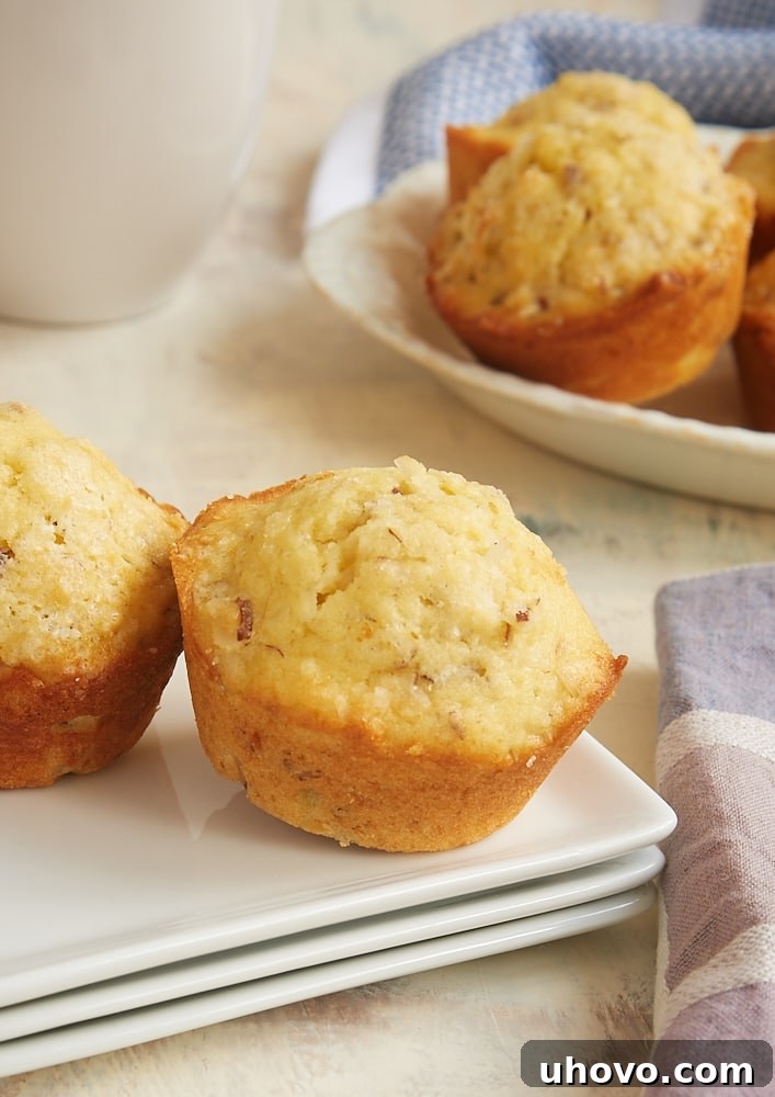 Two Coconut Almond Muffins elegantly served on square white plates, garnished with a light sprinkle of coarse sugar, accentuating their golden-brown, inviting crust.
