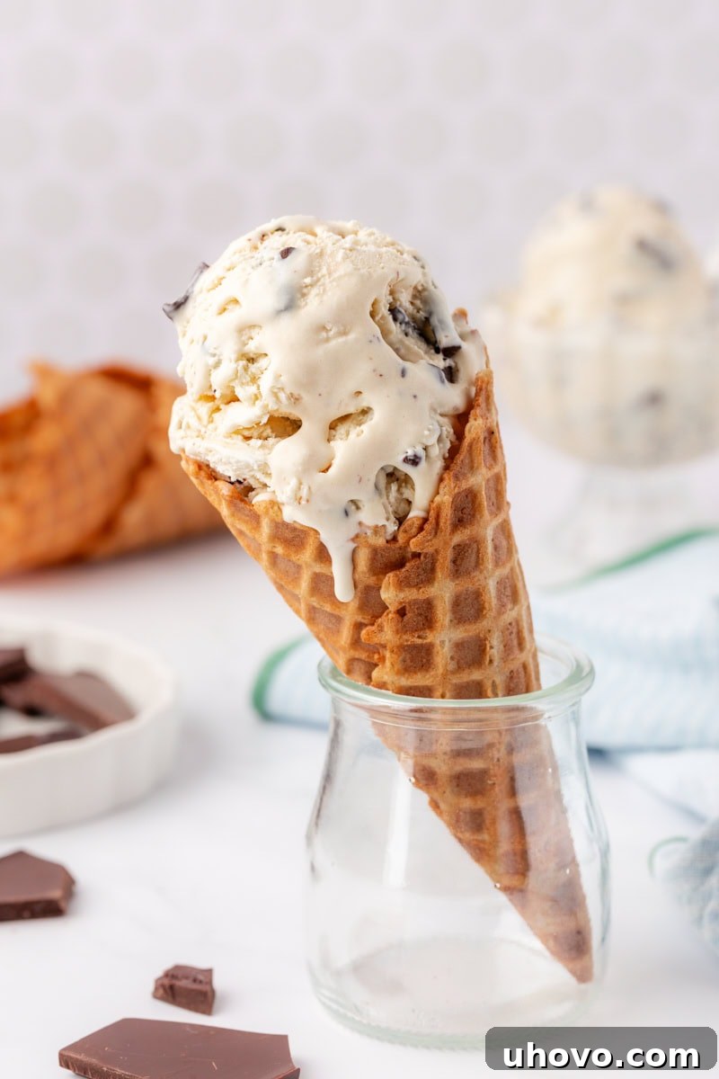 stracciatella ice cream in a waffle cone resting inside a small glass