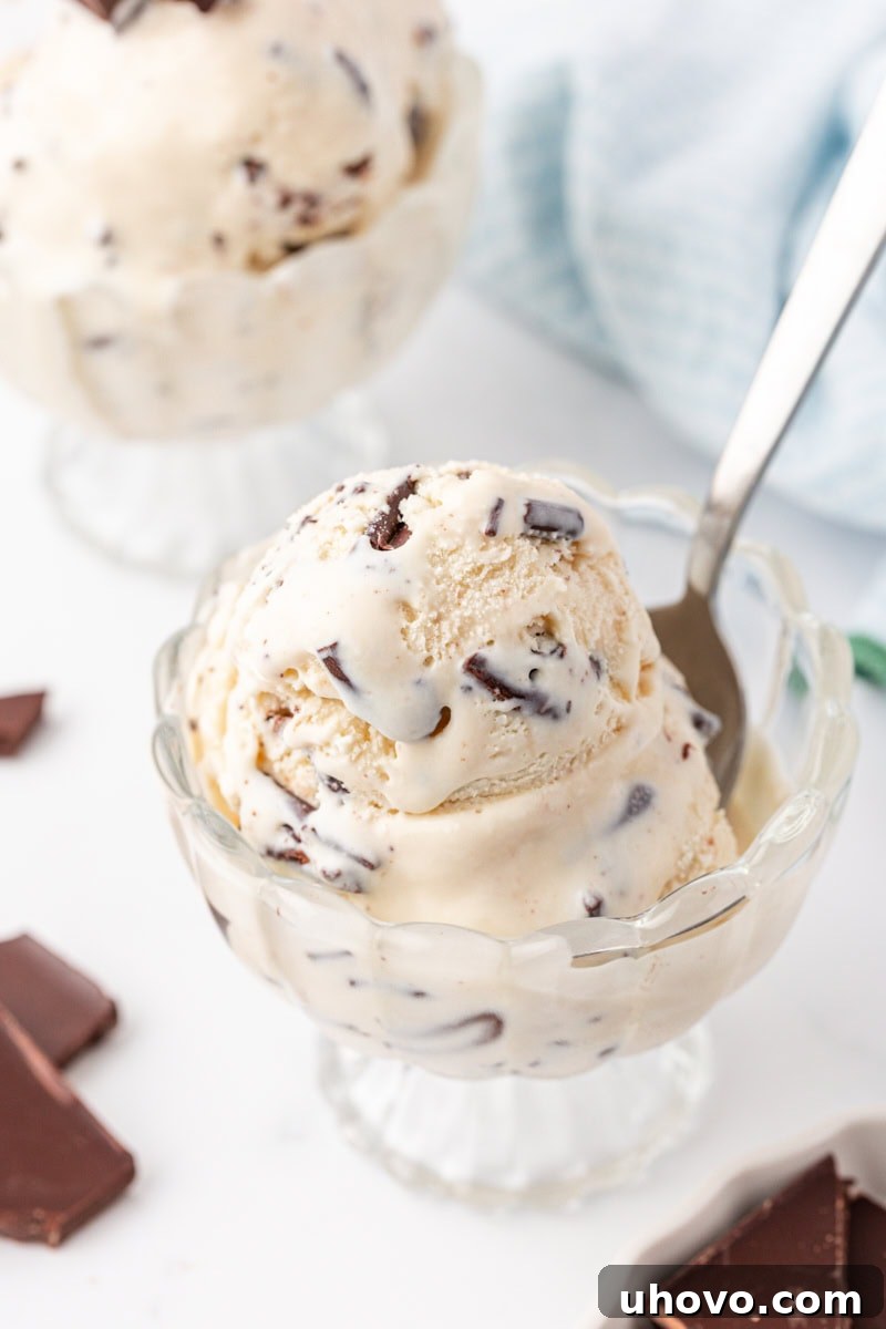 stracciatella ice cream in a glass bowl with a spoon resting inside