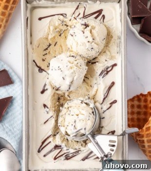 overhead view of stracciatella ice cream in a metal pan with three scoops on top