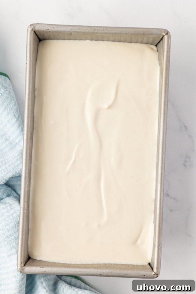 overhead view of vanilla ice cream in a metal loaf pan