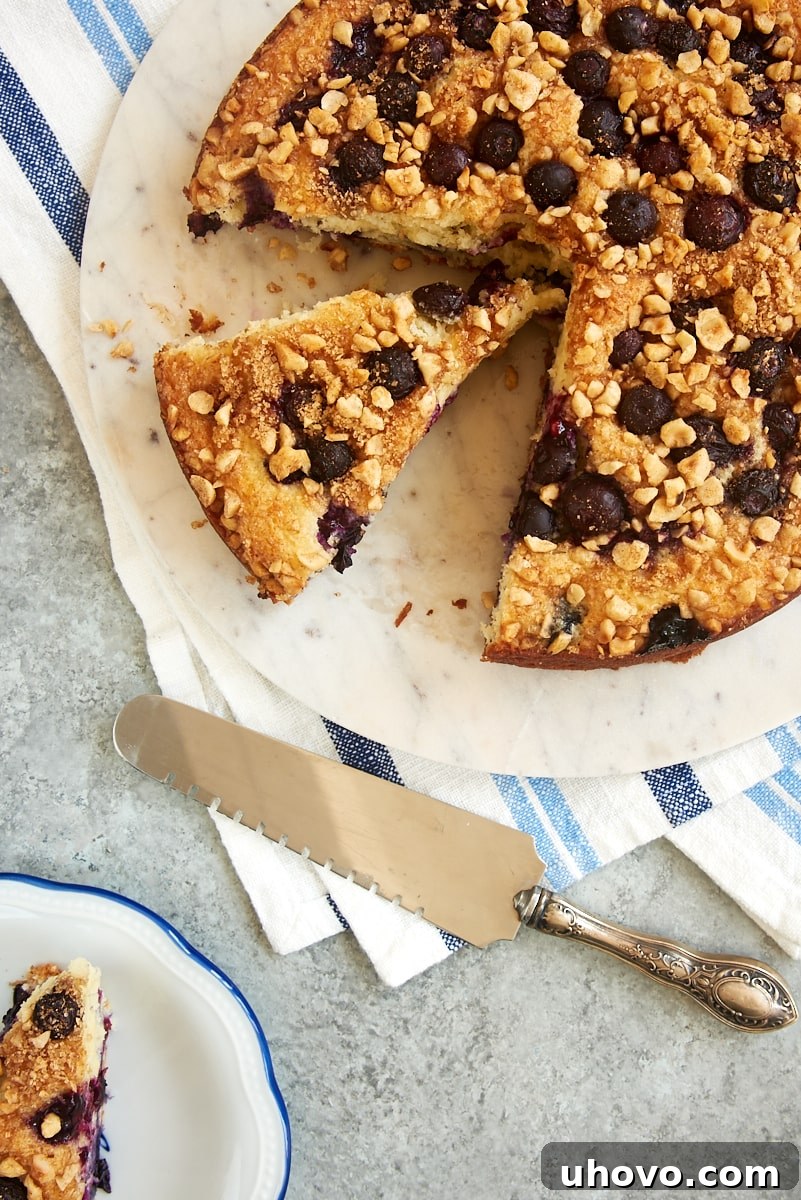 An overhead shot captures a partially sliced Blueberry Coffee Cake, artfully arranged on a marble cake plate. The image highlights the cake's inviting golden crust, the vibrant blueberries nestled within, and its appealing crumb texture, emphasizing its homemade charm and readiness to be savored.