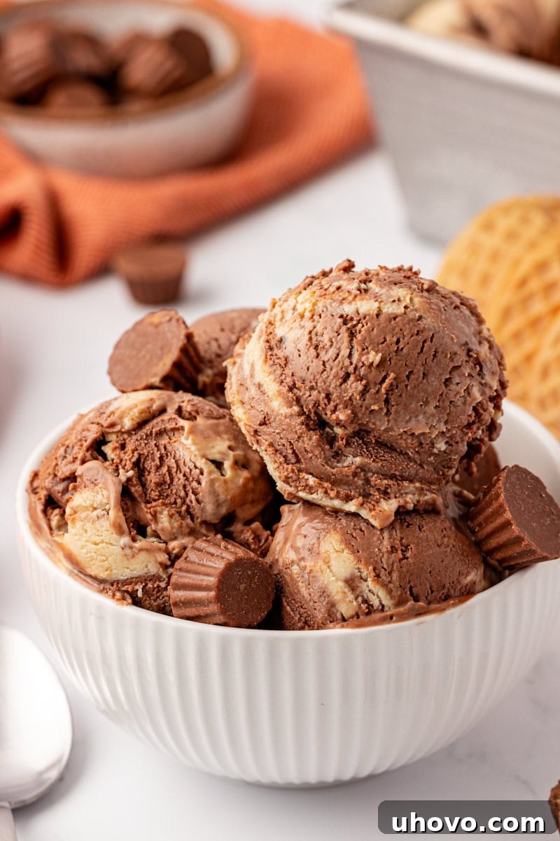 A bowl filled with several scoops of rich chocolate peanut butter swirl ice cream, adorned with mini peanut butter cups.