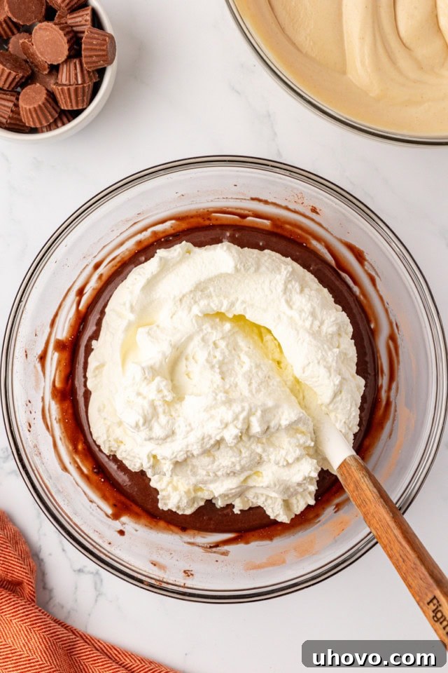 A generous dollop of whipped cream is being gently scooped into the rich chocolate ice cream base in a separate glass mixing bowl, viewed from above.