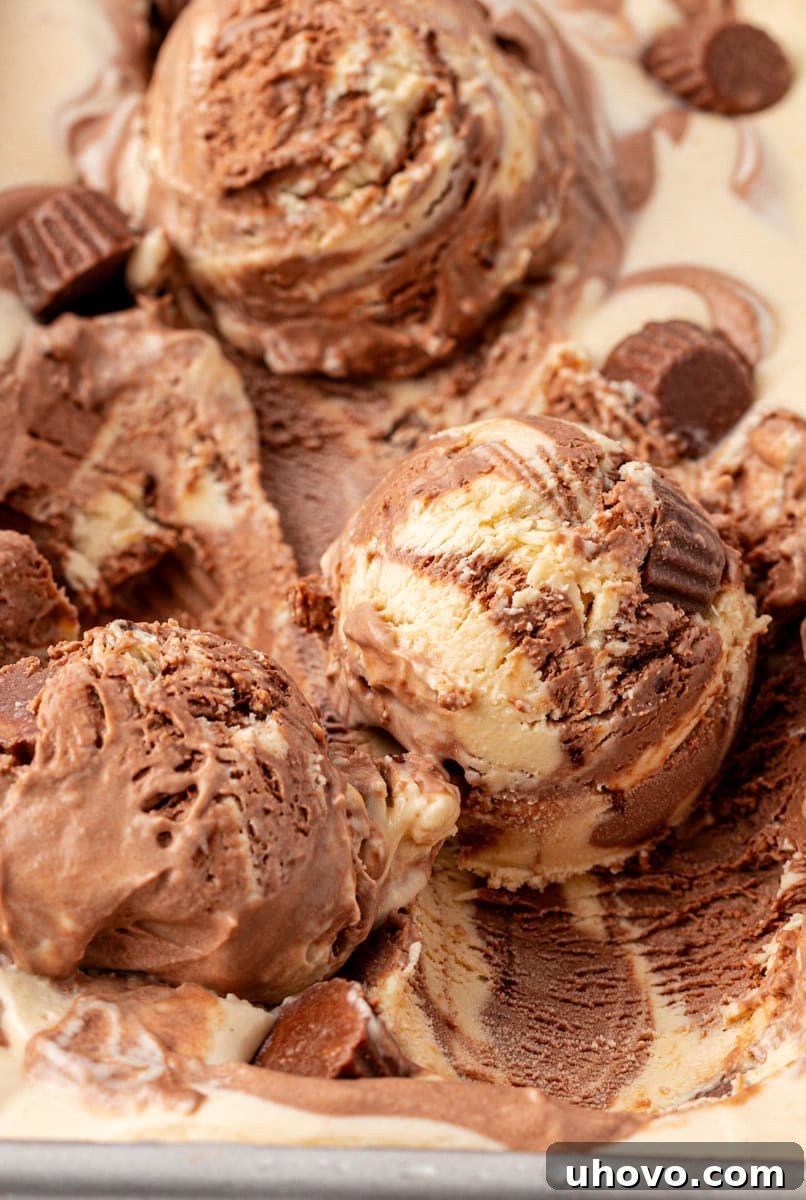 A few generous scoops of no-churn chocolate peanut butter swirl ice cream artfully presented on top of the remaining ice cream in a metal loaf pan, ready to be enjoyed.