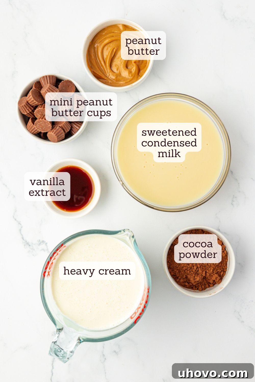 Overhead view of various ingredients meticulously arranged for no-churn chocolate peanut butter ice cream preparation, showcasing cocoa powder, peanut butter, heavy cream, and sweetened condensed milk.