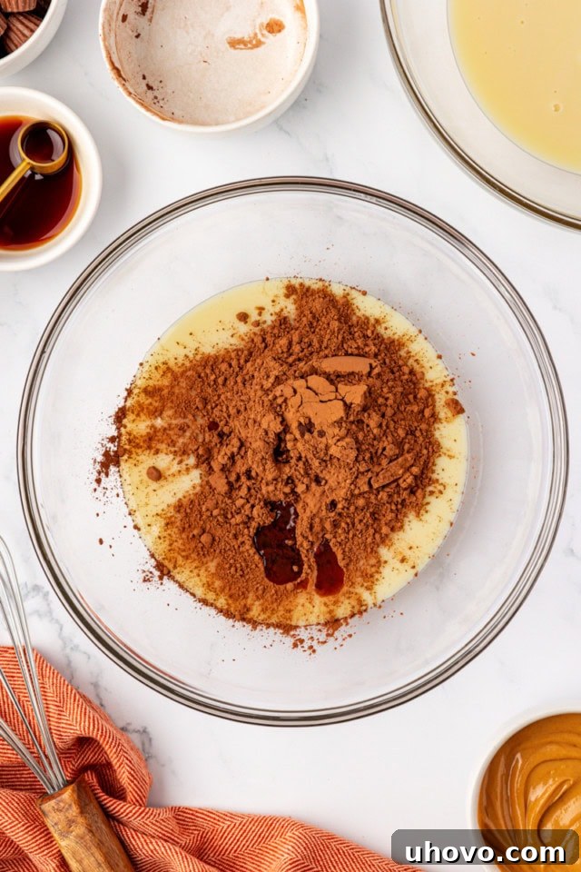 An overhead shot showing unsweetened cocoa powder and vanilla extract being added to sweetened condensed milk in a clear glass mixing bowl, ready for whisking.