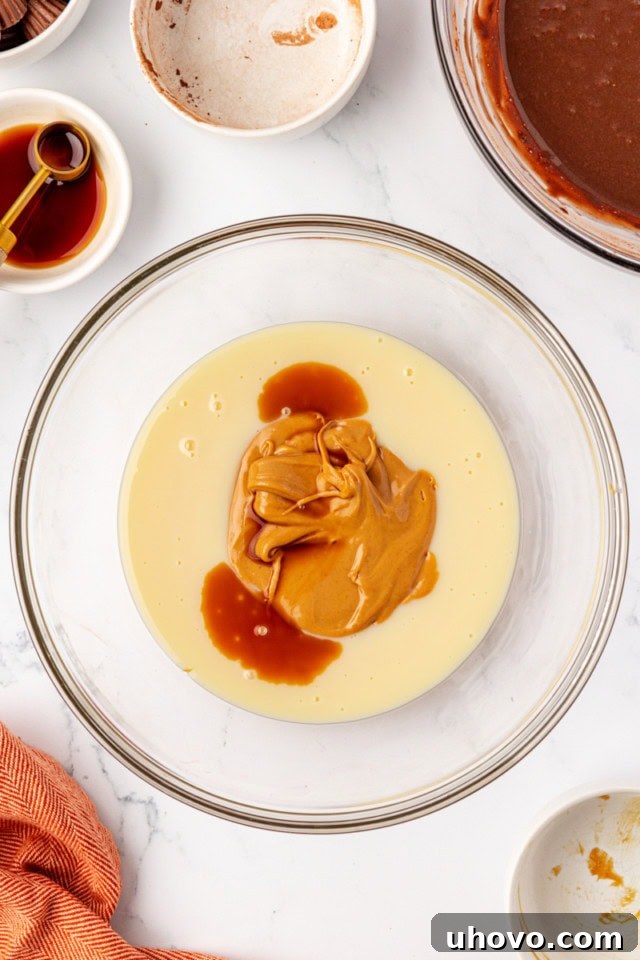 Overhead perspective of the remaining sweetened condensed milk, creamy peanut butter, and the second half of vanilla extract combined in a separate glass mixing bowl, ready for blending.