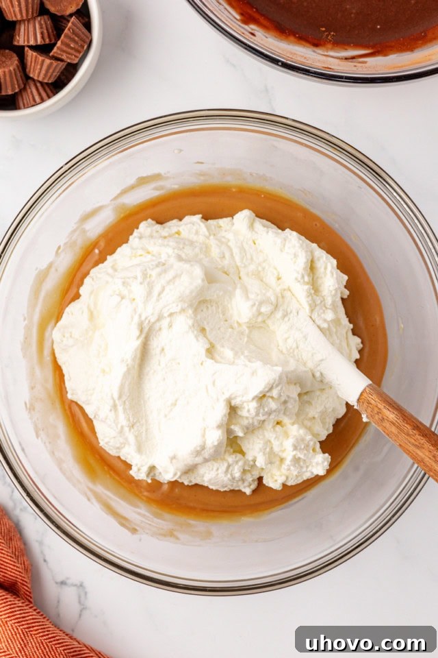 From an overhead angle, a large scoop of freshly whipped cream is gently added to the creamy peanut butter ice cream base in a glass mixing bowl.