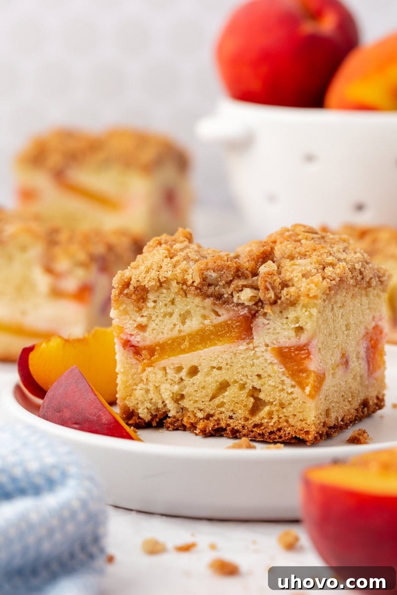 A beautifully presented slice of peach coffee cake on a pristine white plate, with the rest of the cake and fresh peaches artfully arranged in the background, inviting a delightful summer treat.