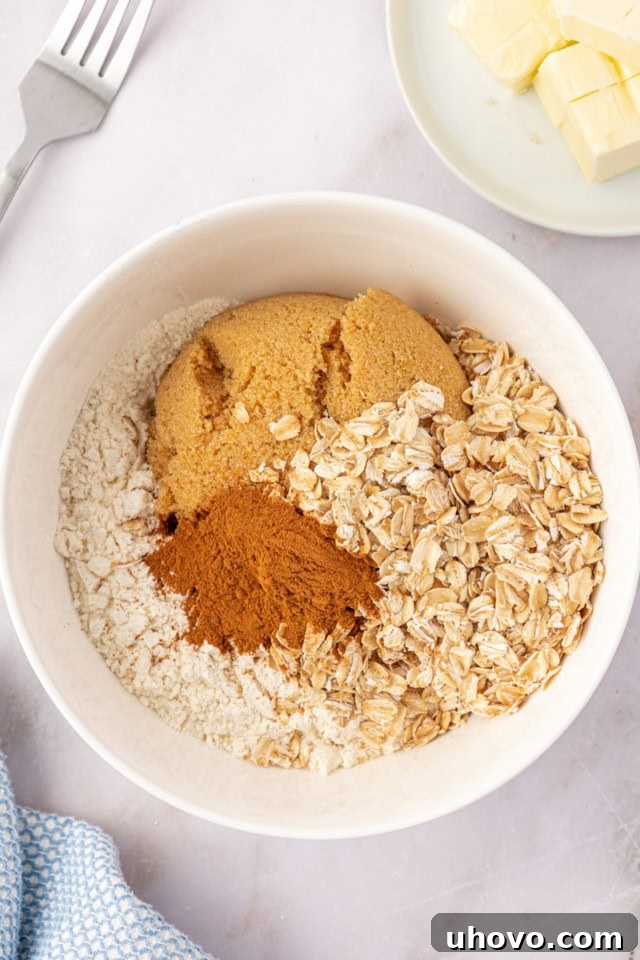 An overhead shot showcasing the dry ingredients for the crumb topping – flour, brown sugar, oats, and cinnamon – neatly arranged in a white mixing bowl, poised for combination.