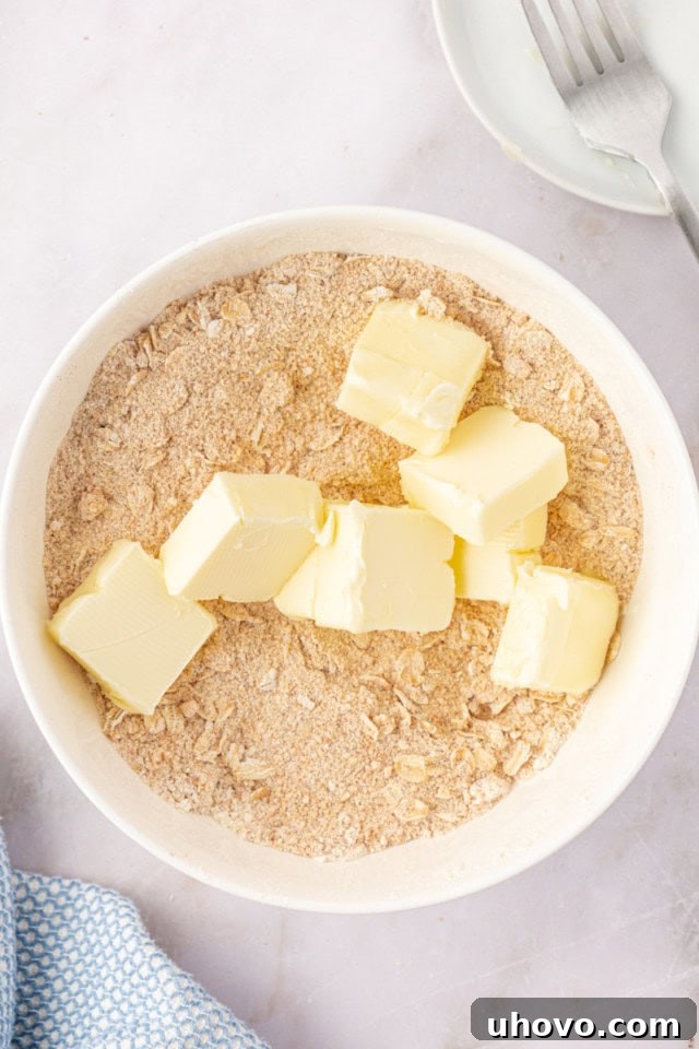 A close-up overhead view of cold, cubed butter being gently cut into the combined dry topping ingredients in a white mixing bowl, creating the initial crumbly texture.