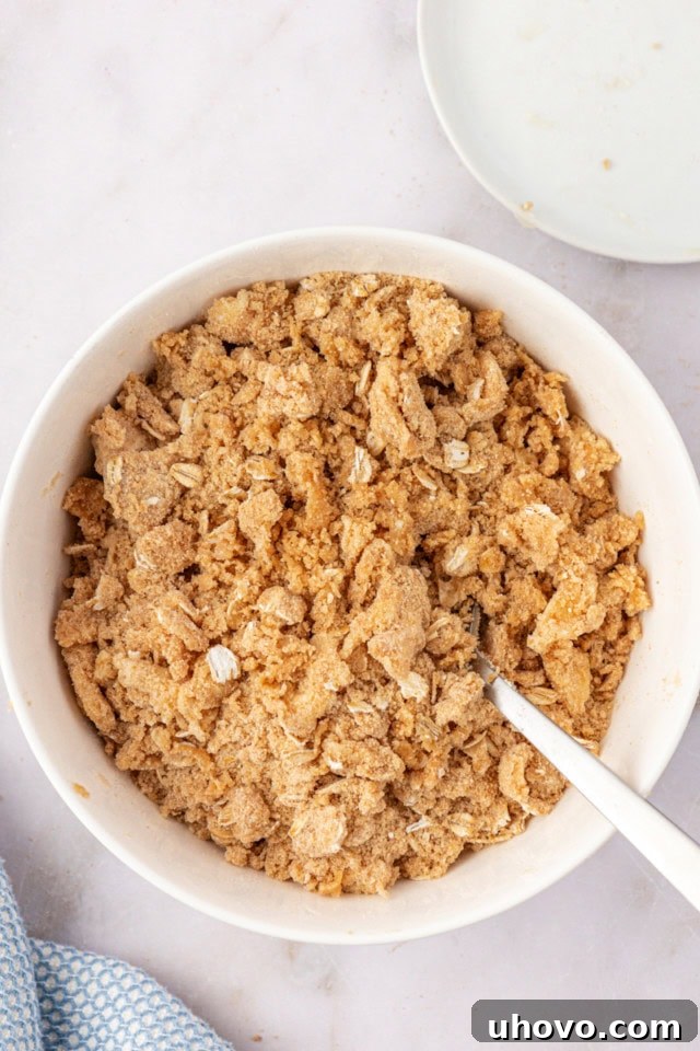 An overhead view revealing the perfectly textured crumb topping mixture in a white bowl, displaying a delightful blend of flour, sugar, oats, and butter, ready to adorn the peach coffee cake.